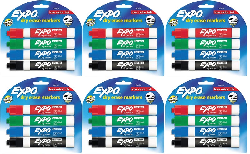 Expo 80174 Low Odor Chisel Point Dry Erase Marker Pack, Designed for Whiteboards, Glass and Most Non-Porous Surfaces, 4 Assorted Color Markers, Pack of 6 Blisters - Image 1